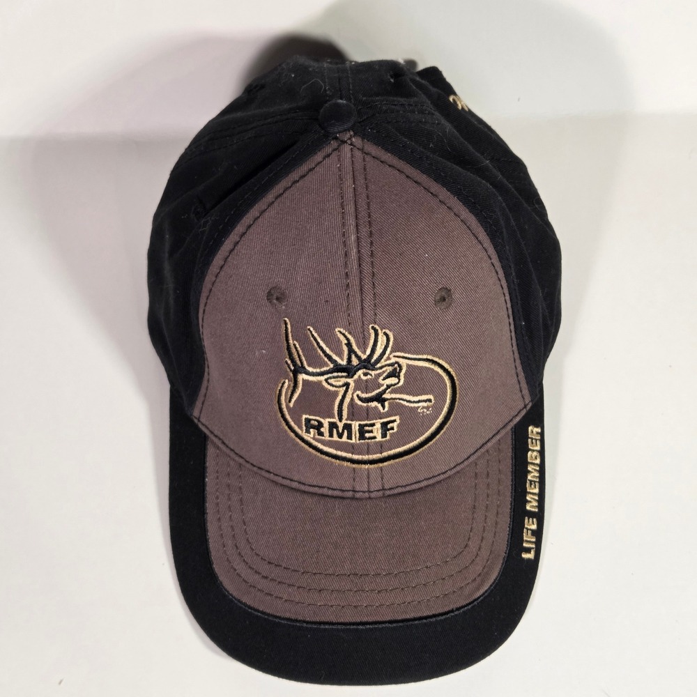 RMEF Rocky Mountain Elk Foundation Hat Life Member Cap Black Brown Leather Strap - Picture 3 of 10